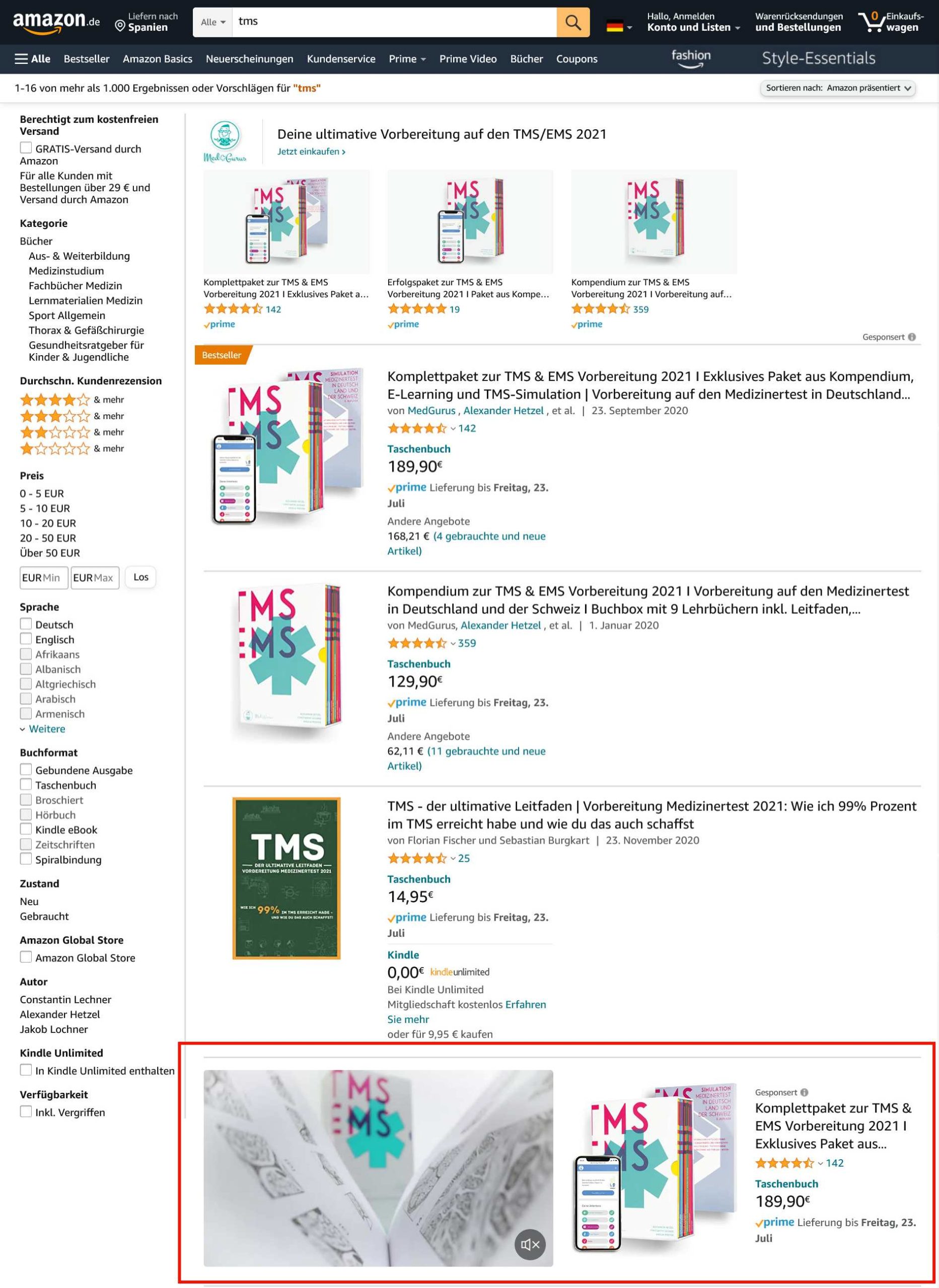 Buchwerbung mit Amazon Sponsored Brands Video Ads_Suchergebnisse für tms